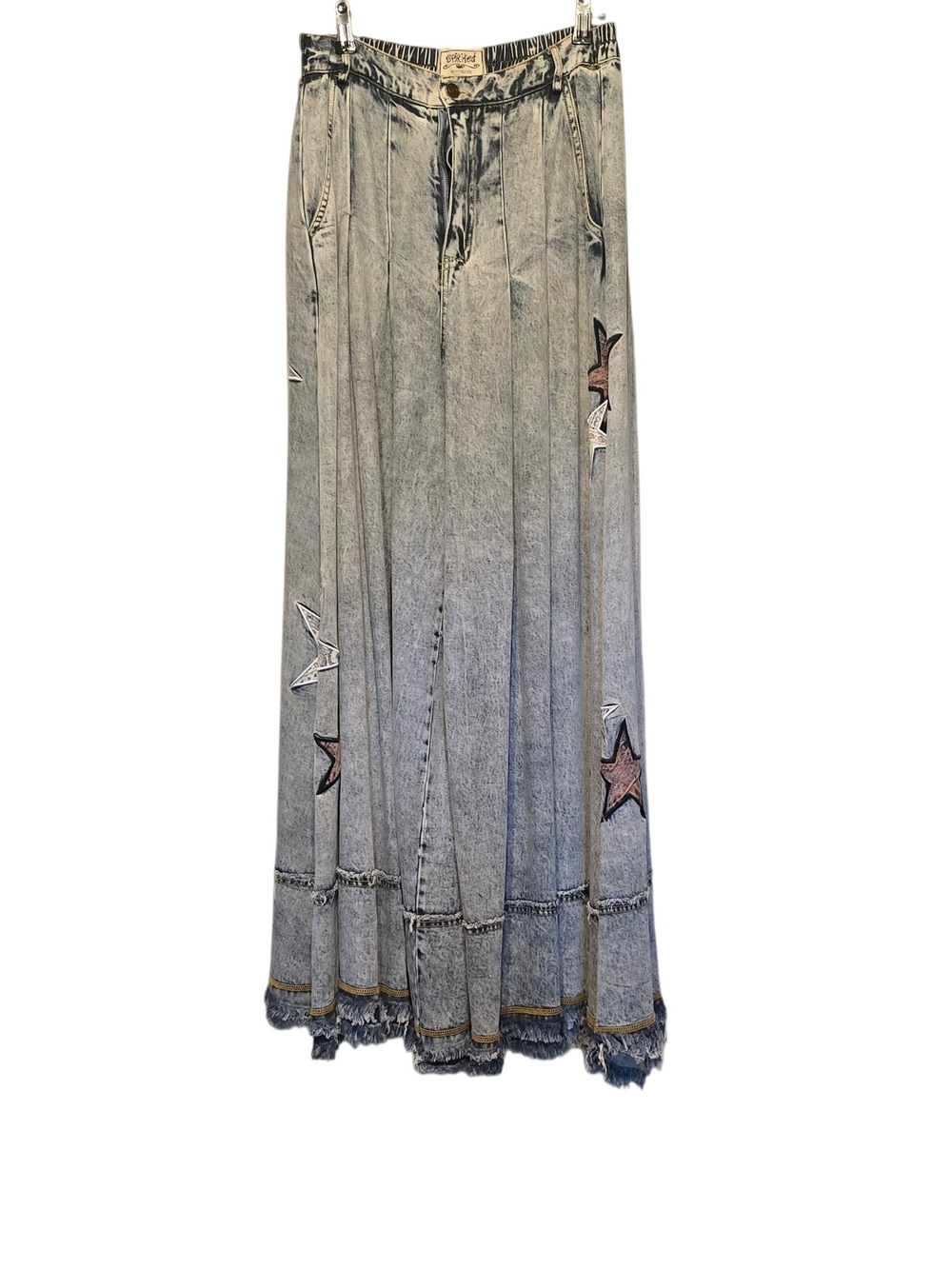 Washed Gray Wide-Leg Star Appliqué Denim Maxi Pants